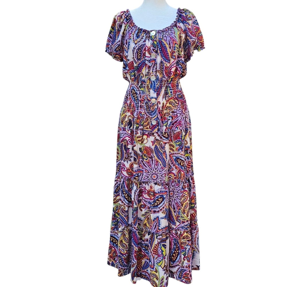 Figueroa & Flower Tiered Maxi Dress Multicolor Paisley Print Women's Size Medium